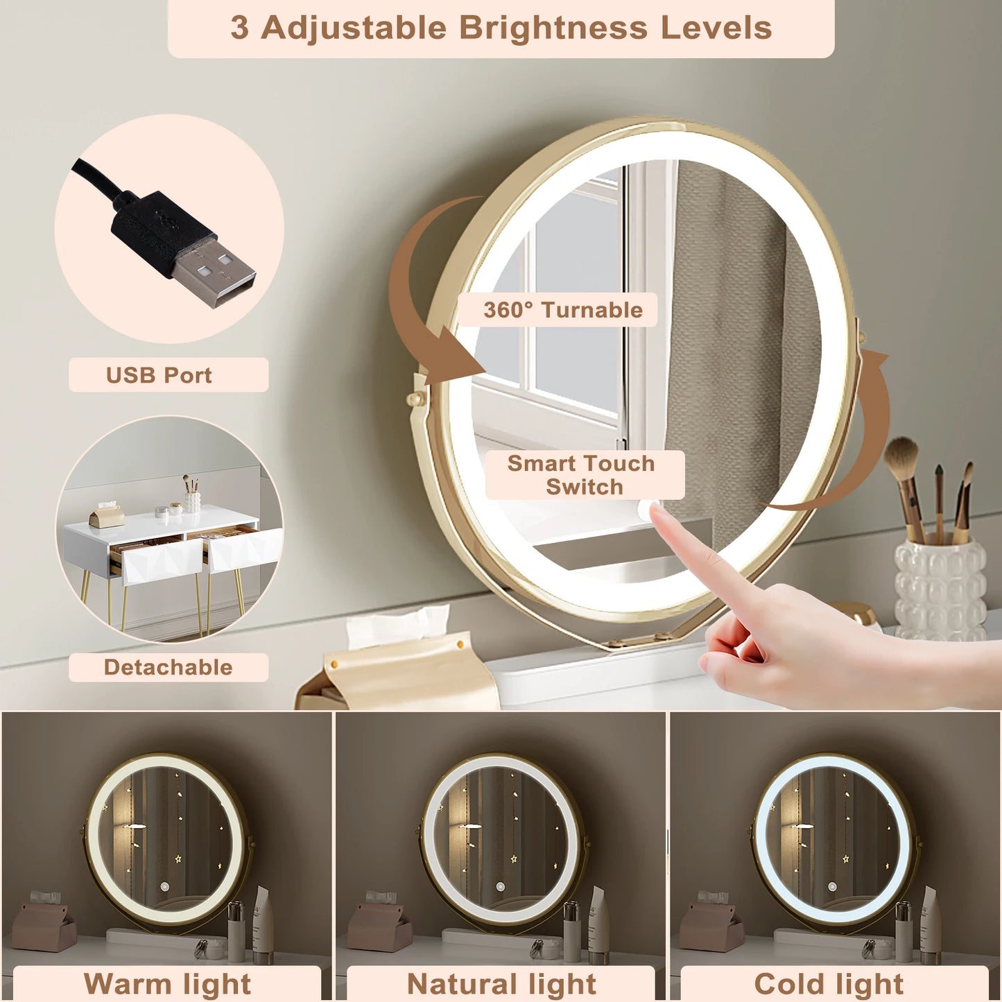 1SET Dresser Vanity Makeup Table Girls Women Dressing Table with 3-level Adjustable LED Mirror Velvet Chair for Bedroom Gift