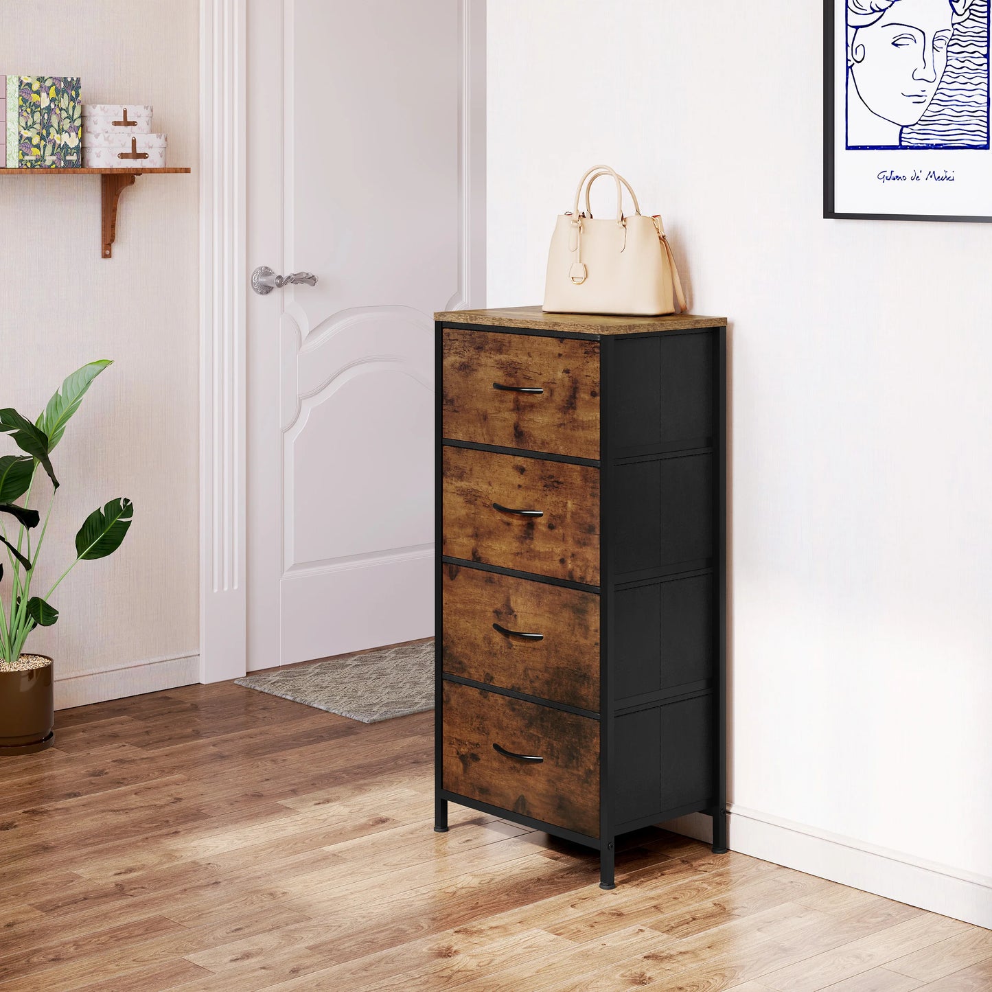 Cabinet Narrow Chest of Drawers with 4 Drawers Fabric Sideboard Storage for Home Bedroom  Hallway Living Room Organizer