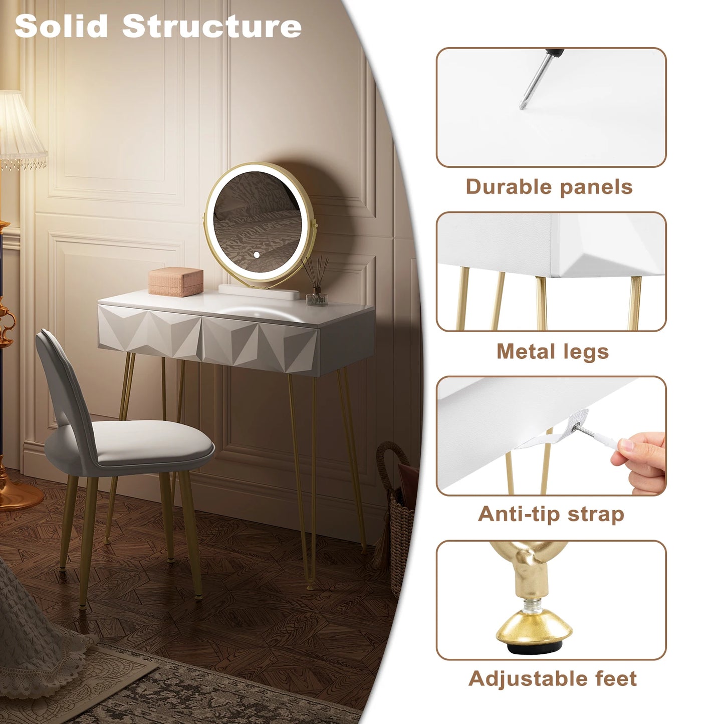 1SET Dresser Vanity Makeup Table Girls Women Dressing Table with 3-level Adjustable LED Mirror Velvet Chair for Bedroom Gift