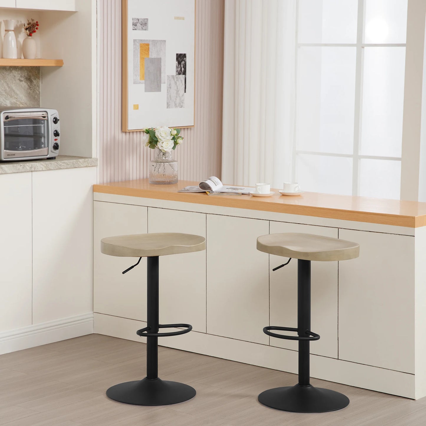 WOLTU 1PC Industrial Wooden Bar Stool Bar Chair Height Adjustable 360° Swivel High Stool with Footrest Kitchen Work Makeup Stool