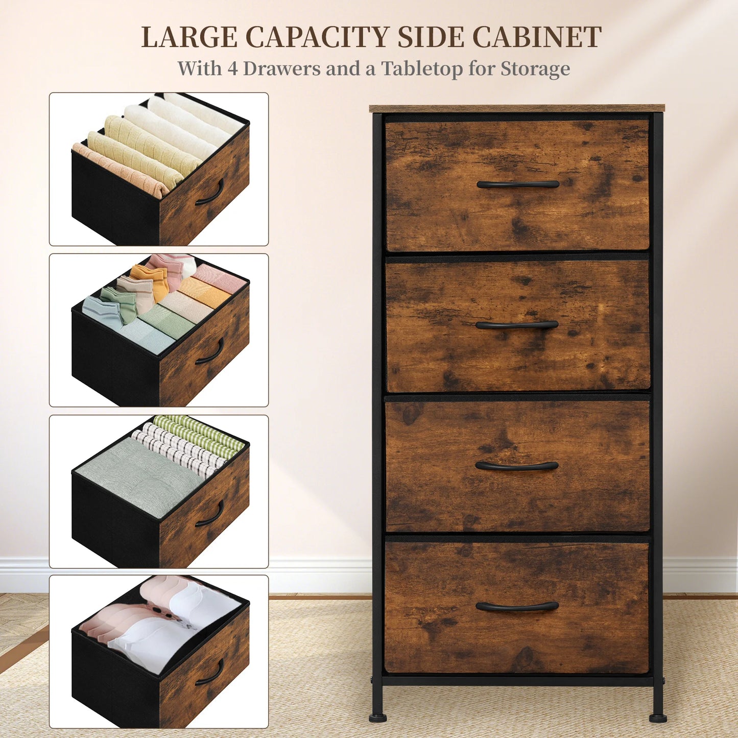 Cabinet Narrow Chest of Drawers with 4 Drawers Fabric Sideboard Storage for Home Bedroom  Hallway Living Room Organizer
