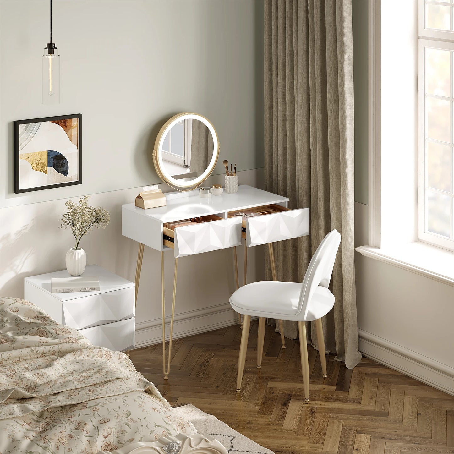 1SET Dresser Vanity Makeup Table Girls Women Dressing Table with 3-level Adjustable LED Mirror Velvet Chair for Bedroom Gift