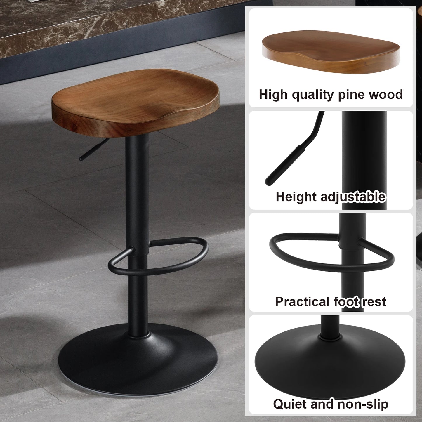 WOLTU 1PC Industrial Wooden Bar Stool Bar Chair Height Adjustable 360° Swivel High Stool with Footrest Kitchen Work Makeup Stool