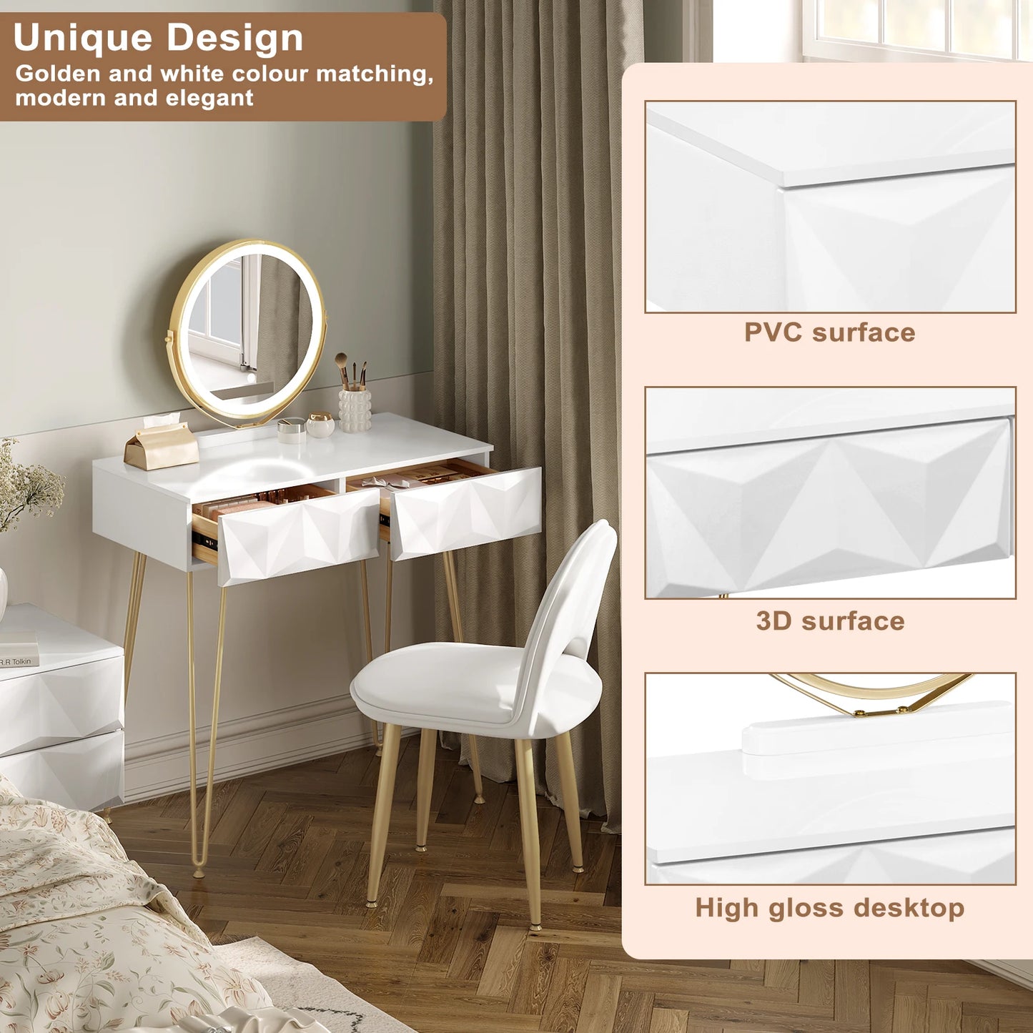 1SET Dresser Vanity Makeup Table Girls Women Dressing Table with 3-level Adjustable LED Mirror Velvet Chair for Bedroom Gift