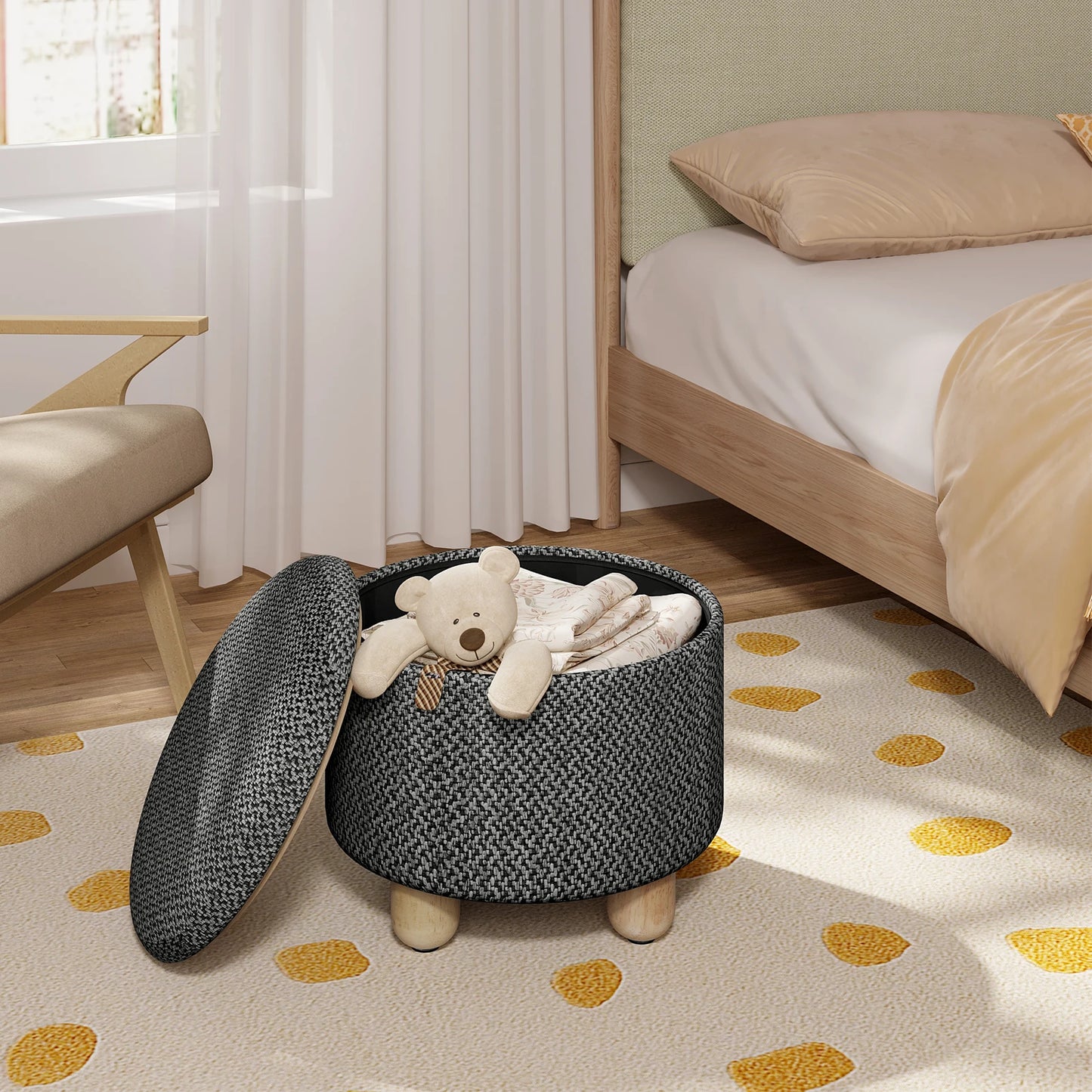 WOLTU Storage Pouf Upholstered Stool with Lid Ottoman Foldable Pouf with Pine Legs Space Saving for Living Room Bedroom Home