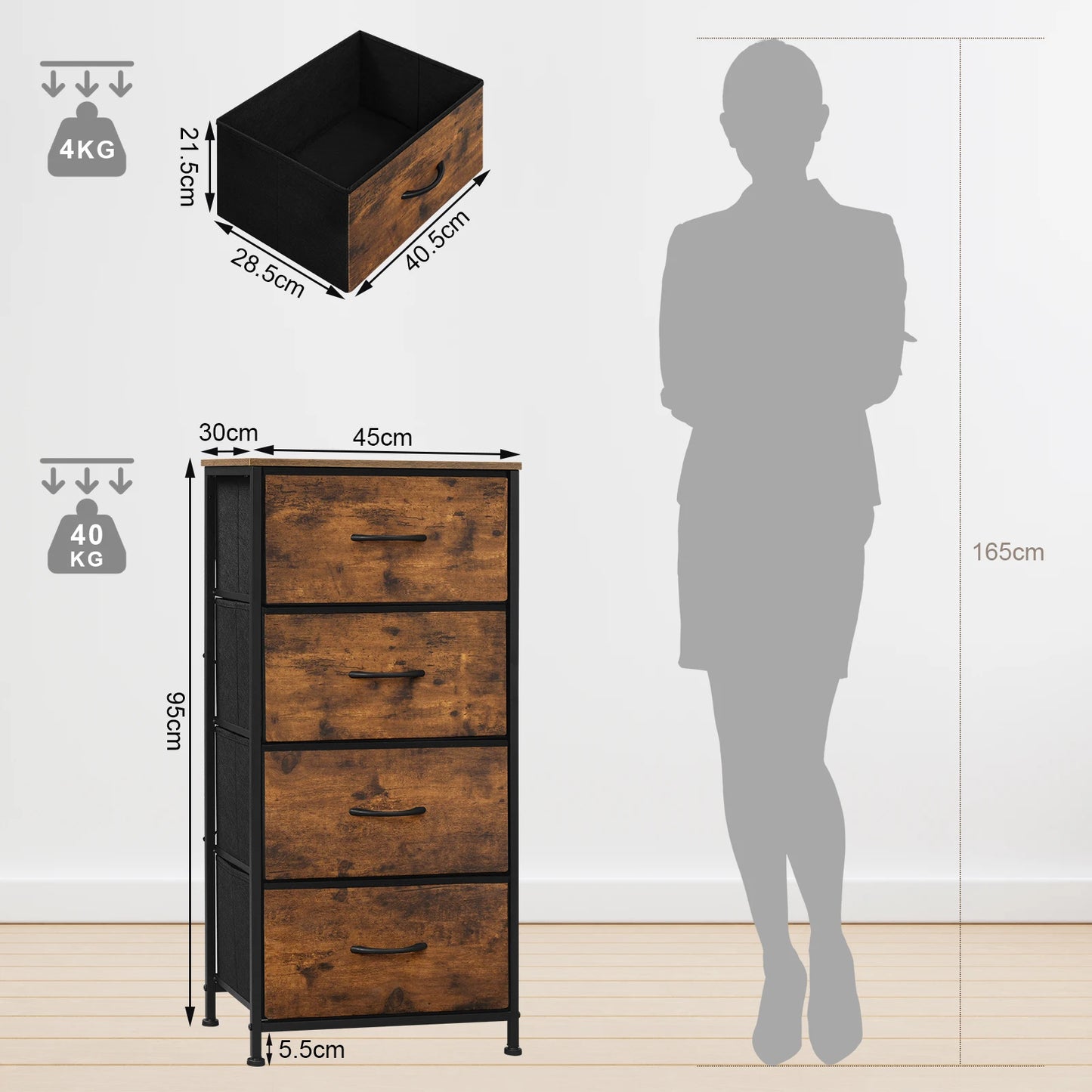 Cabinet Narrow Chest of Drawers with 4 Drawers Fabric Sideboard Storage for Home Bedroom  Hallway Living Room Organizer