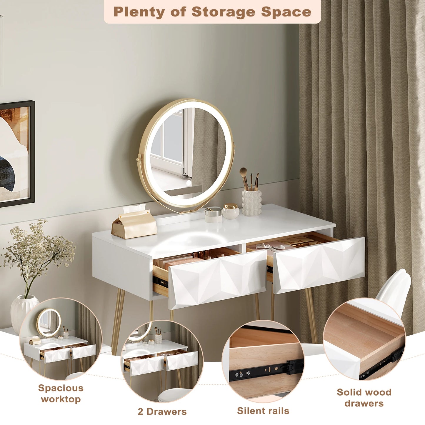 1SET Dresser Vanity Makeup Table Girls Women Dressing Table with 3-level Adjustable LED Mirror Velvet Chair for Bedroom Gift