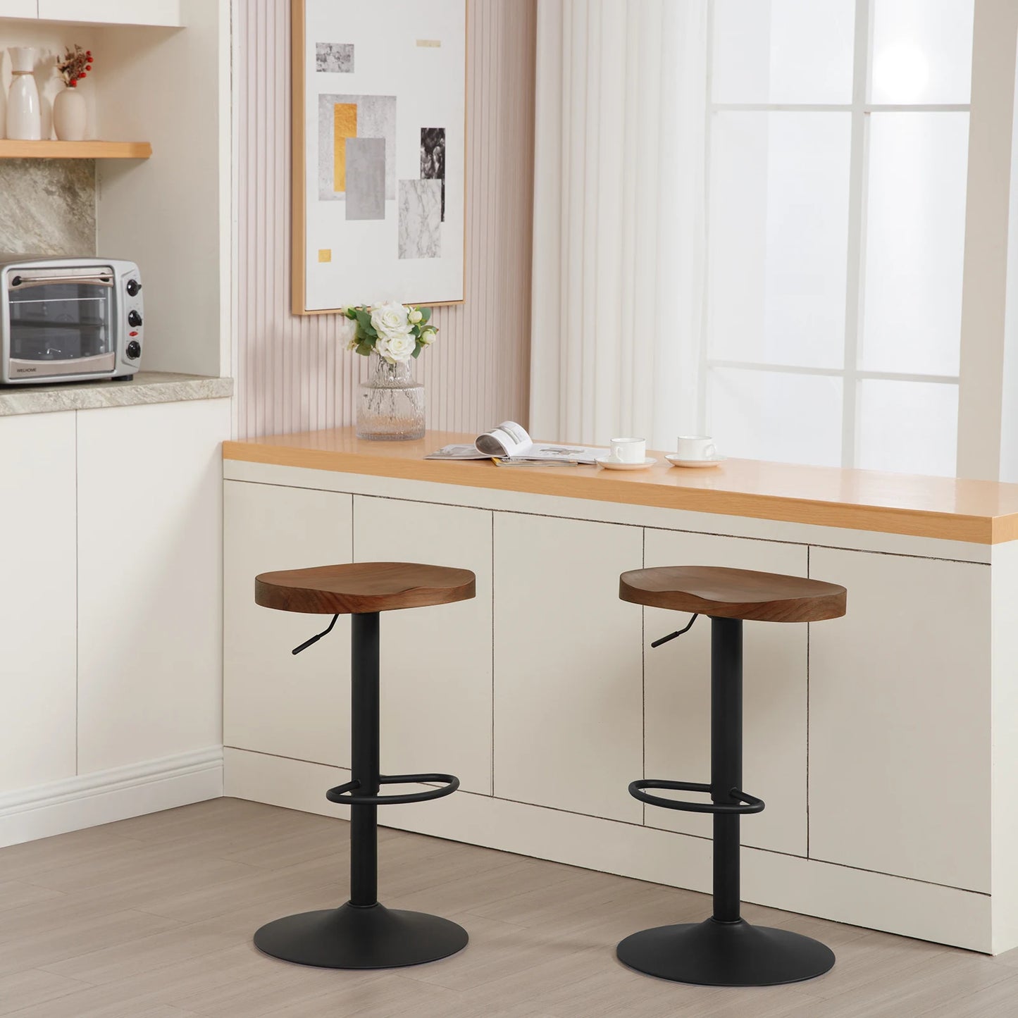 WOLTU 1PC Industrial Wooden Bar Stool Bar Chair Height Adjustable 360° Swivel High Stool with Footrest Kitchen Work Makeup Stool