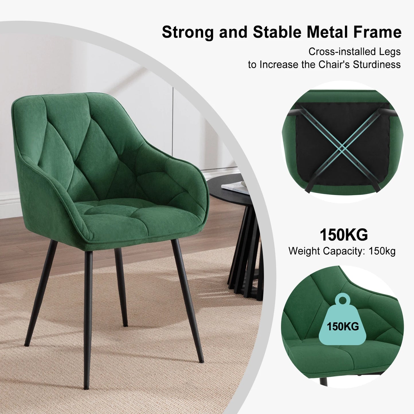 WOLTU 2PCS/Set Dining Chairs Upholstered Kitchen Chairs with Backrest Armrests Metal Legs for Living Room Office Dressing Table