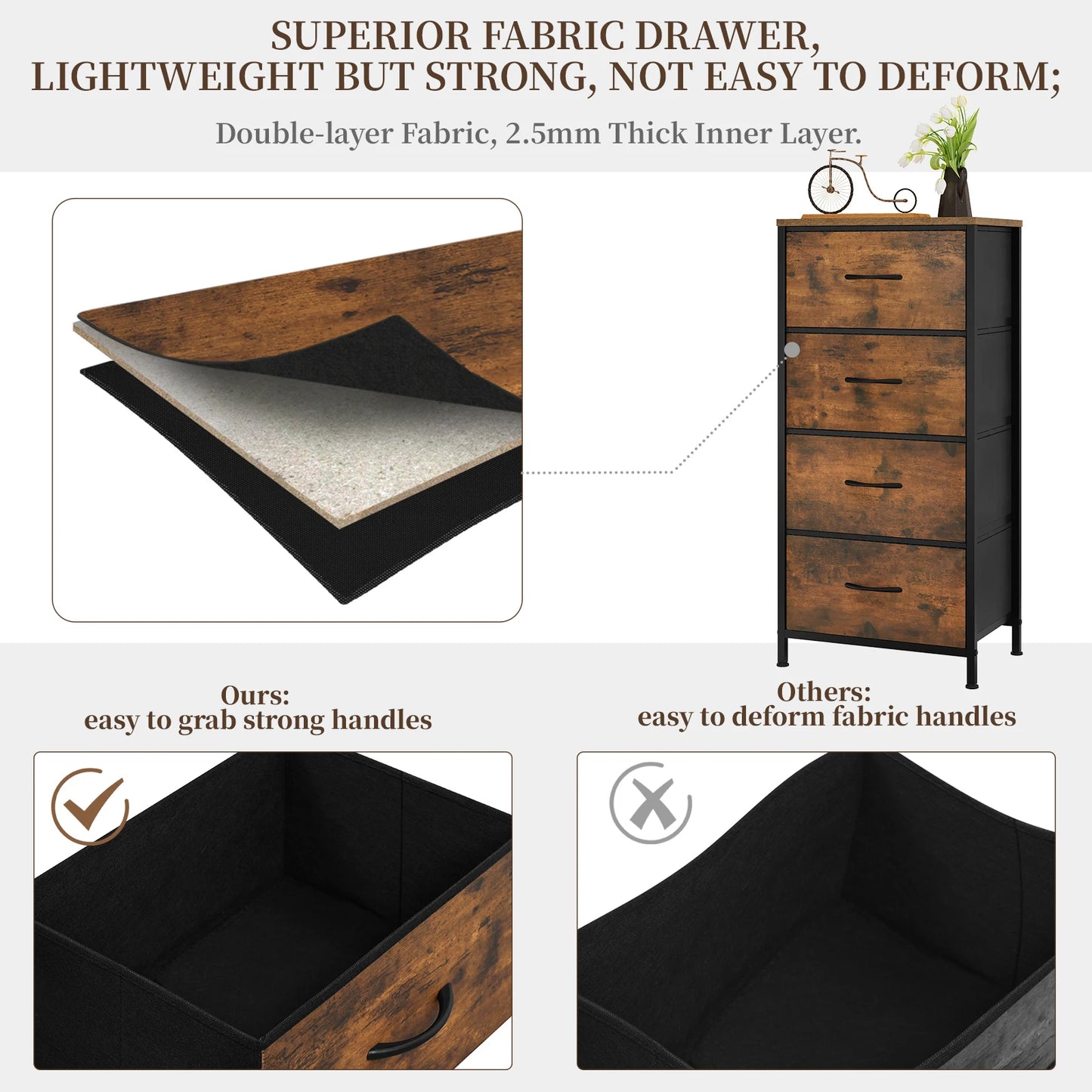 Cabinet Narrow Chest of Drawers with 4 Drawers Fabric Sideboard Storage for Home Bedroom  Hallway Living Room Organizer
