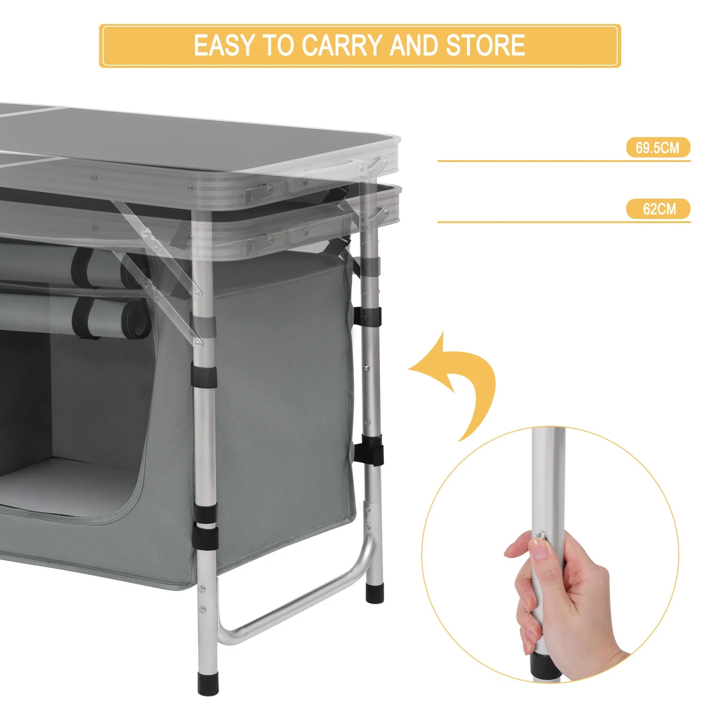 Folding Picnic Table Kitchen Camping Cupboards Aluminum Suitcase Table with Storage Bag Adjustable Height Outdoor Garden Table