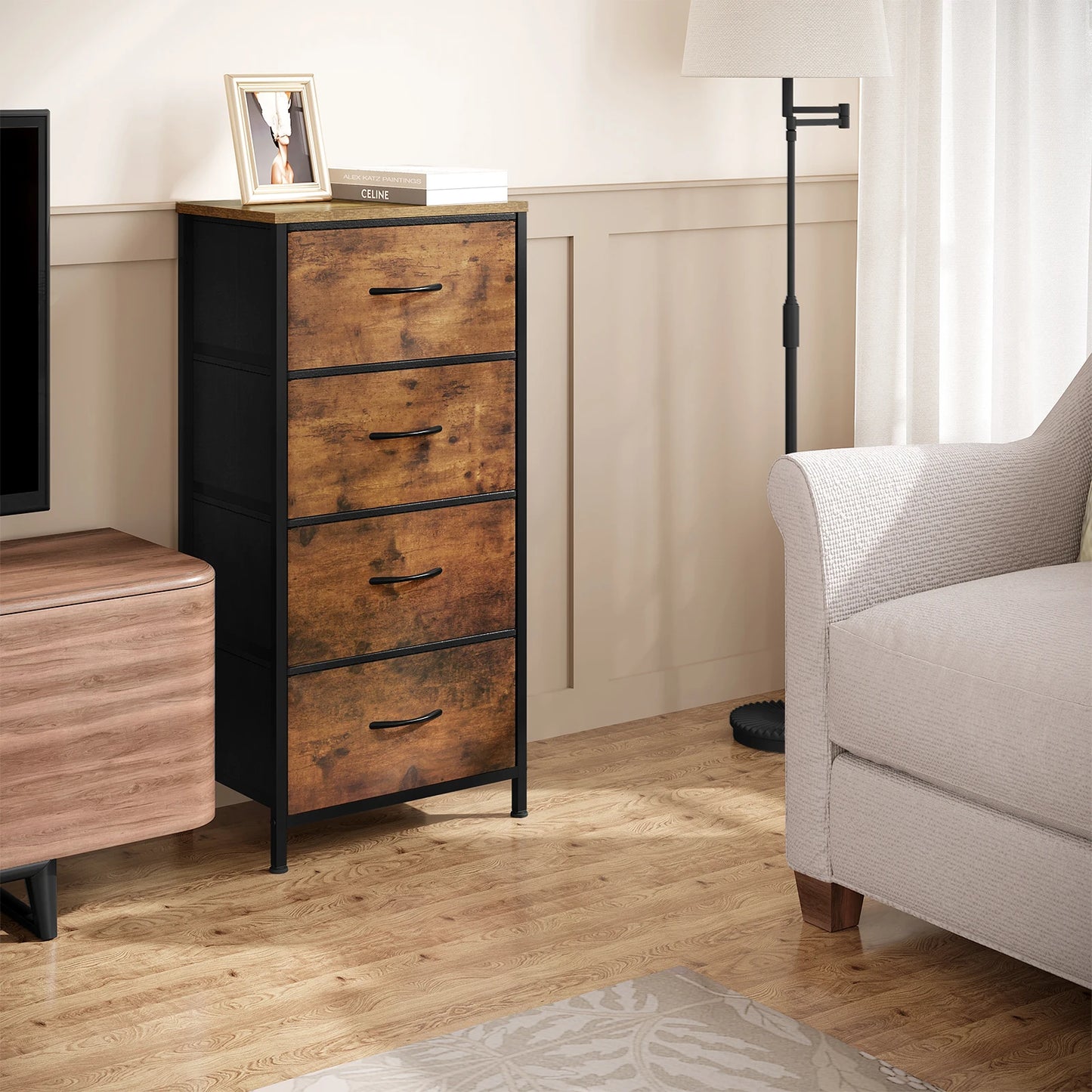 Cabinet Narrow Chest of Drawers with 4 Drawers Fabric Sideboard Storage for Home Bedroom  Hallway Living Room Organizer