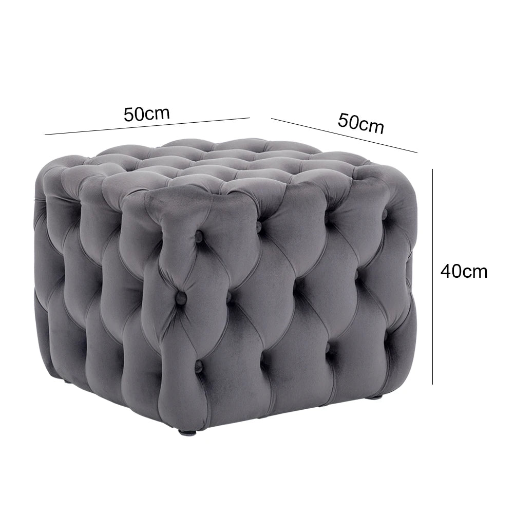 Grey Square Velvet Upholstered Buttoned Footstool