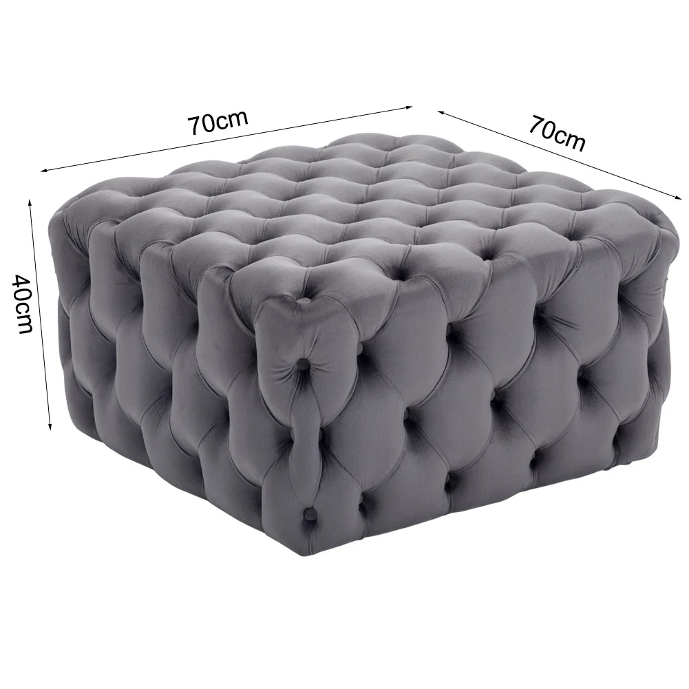 Grey Square Velvet Upholstered Buttoned Footstool