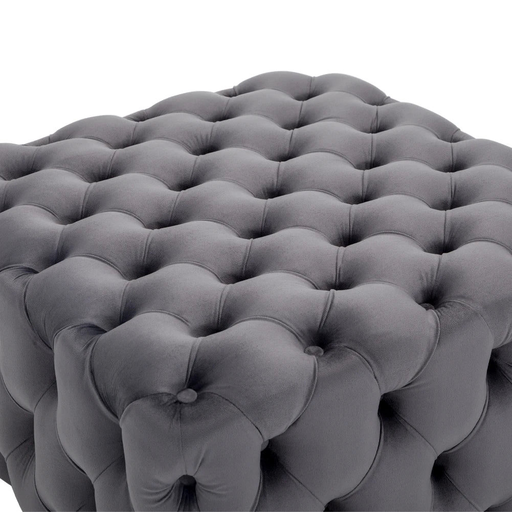 Grey Square Velvet Upholstered Buttoned Footstool