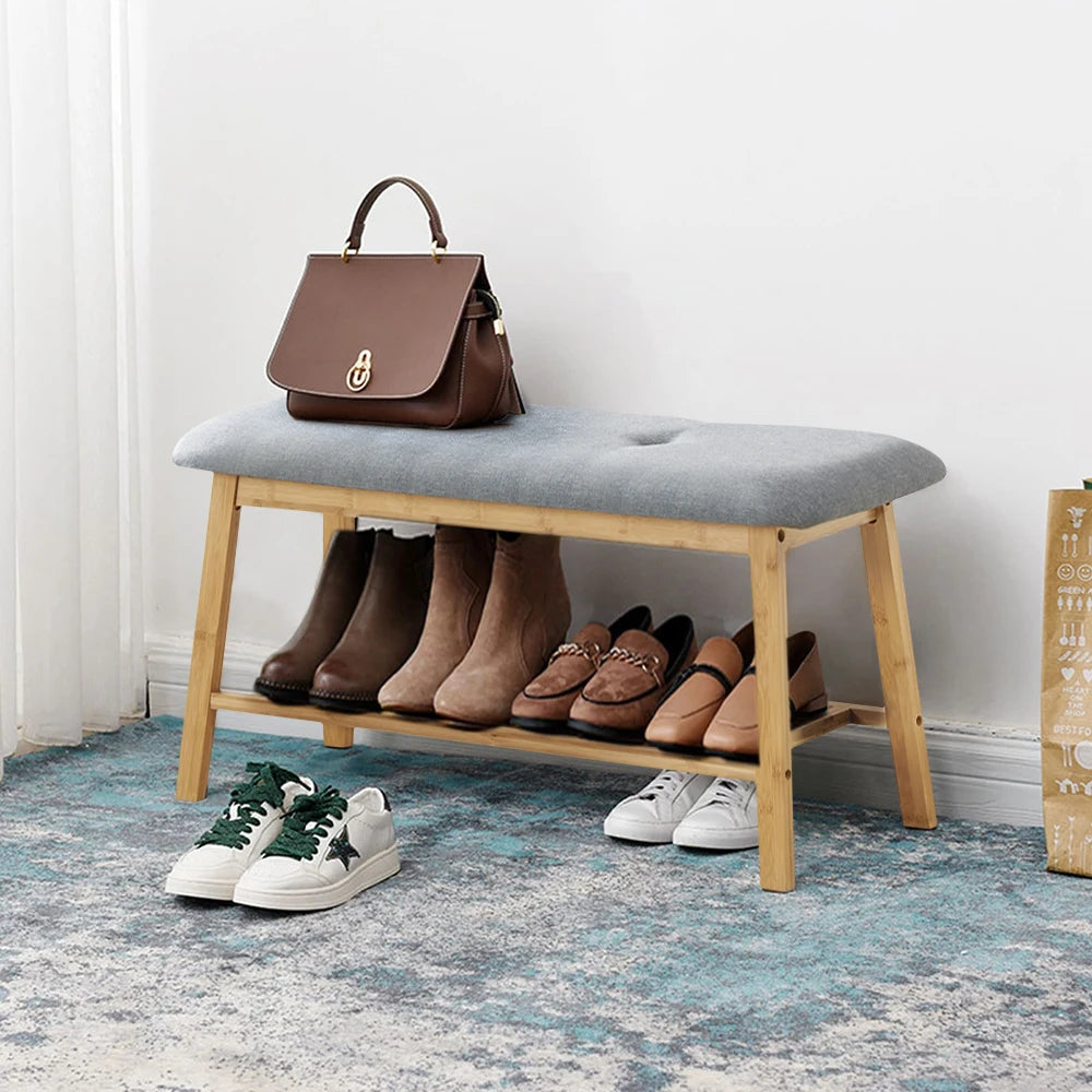 Multi-functional Home Use Bamboo Shoe Changing Stool with Soft Breathable Cushion