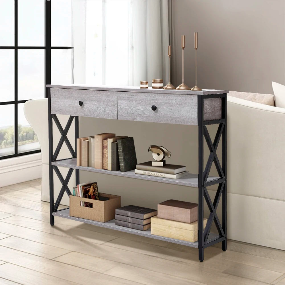 Rustic Grey Narrow Wooden Console Table with Drawers