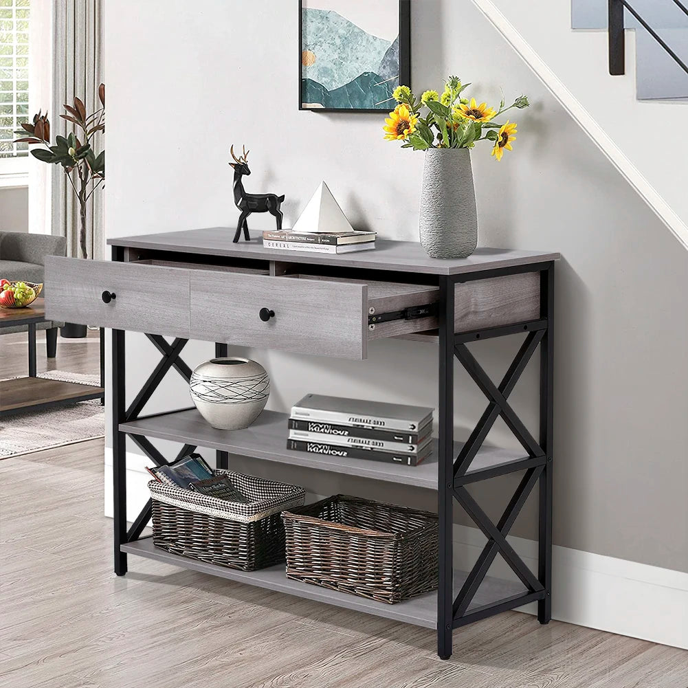 Rustic Grey Narrow Wooden Console Table with Drawers