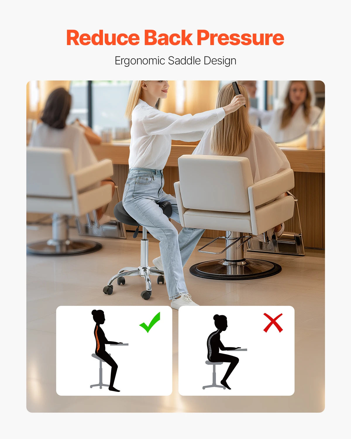 VEVOR Saddle Stool w/ Wheels 450 LBS Weight Capacity Height Adjustable Ergonomic Swivel Saddle Chair for Salon Spa Tattoo Clinic