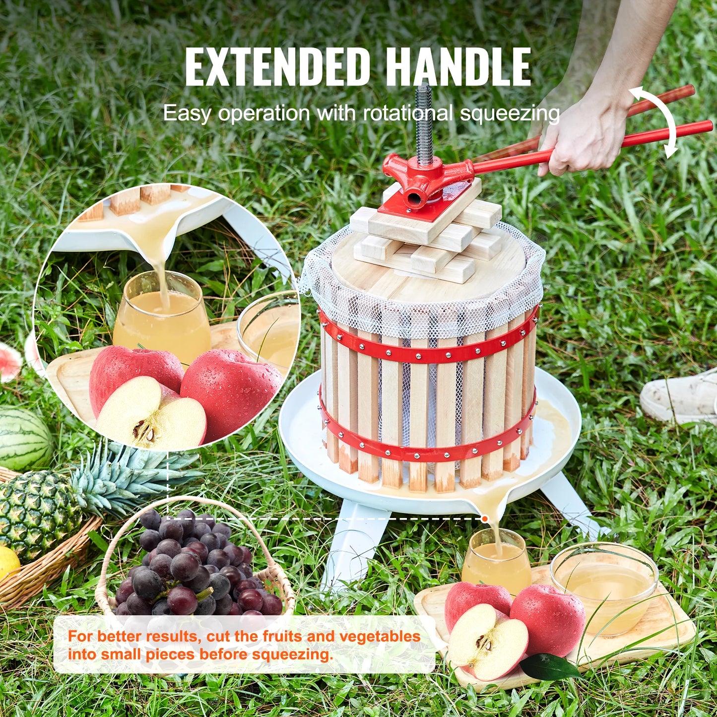 VEVOR Fruit Wine Press 6L/18L/12L Solid Wood Basket  6 or 8 Blocks Manual Juice Maker with Pole Handle Bar for Kitchen and Home