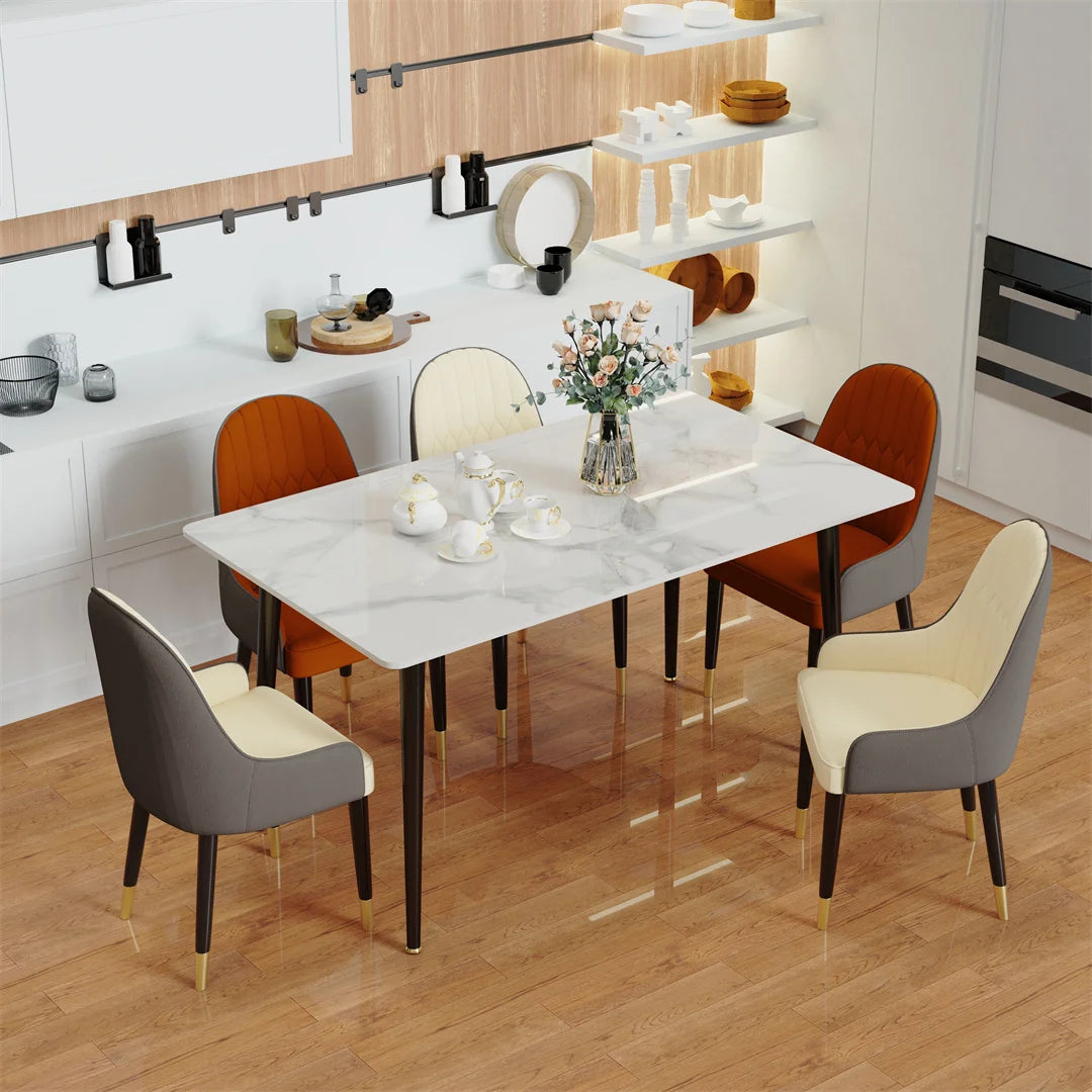 LUVODI 4-6 People Seats Marble Dining Table with Chair 1.2m Restaurant Kitchen Cafe Shop Coffee Table Furniture with Metal Legs