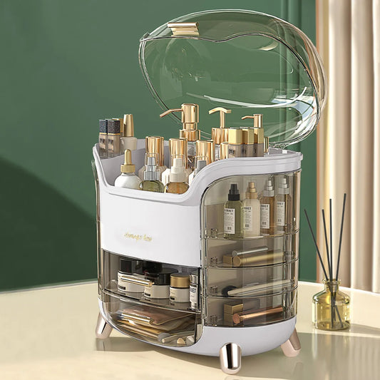 Stylish Makeup Storage Box 28x20x34cm Large Capacity Organizer with Drawers Lipstick Holders Rotating Brush Compartments,White
