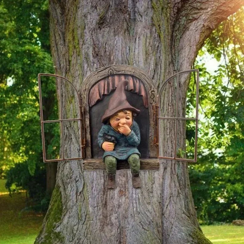 Creative Garden Gnome Statue Elf Out Tree Hug Suitable for Home Courtyard Porch Table Decoration