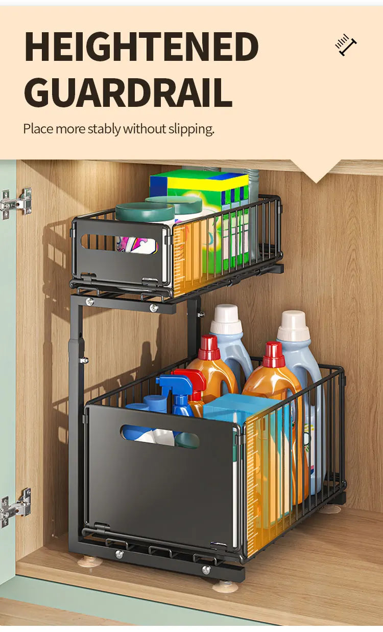 2-tier Under Sink Storage Organizer,Ajustable Sliding Cabinet Storage Basket,Kitchen Storage Rack with suction cups,Pull out Cab
