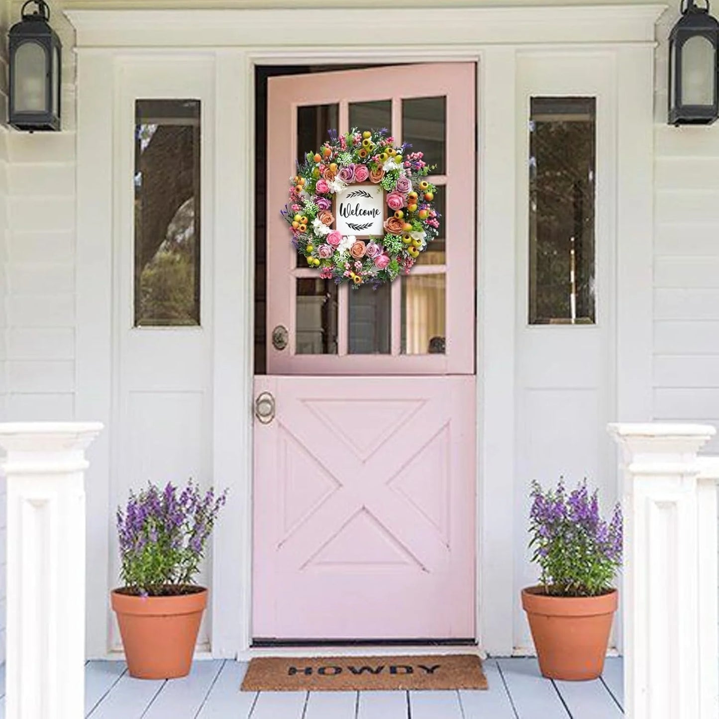 40cm Spring Summer Wreath Front Door Artificial Berries and Colorful Flower Wreath with Welcome Sign Wall Window Greenery Wreath