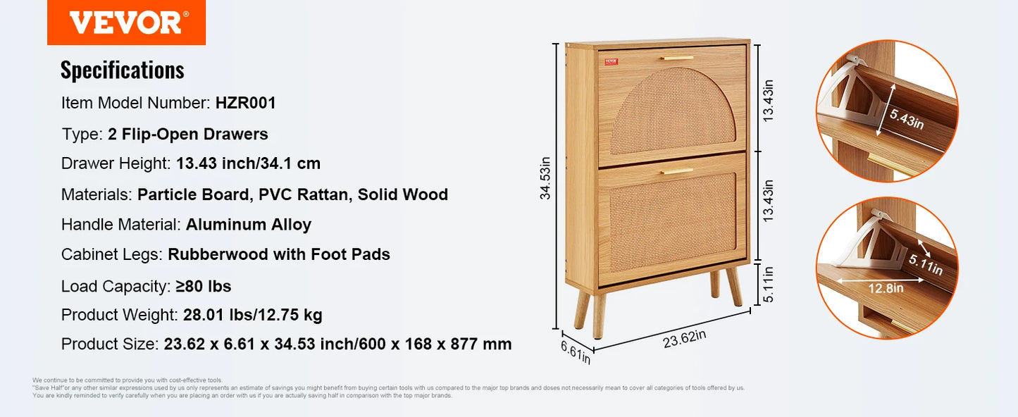 VEVOR Shoe Storage Organizer with 2 Flip Rattan Drawers&1 Slide Drawer Metal Legs Slim Shoe Cabinet for Entryway Closet Hallway