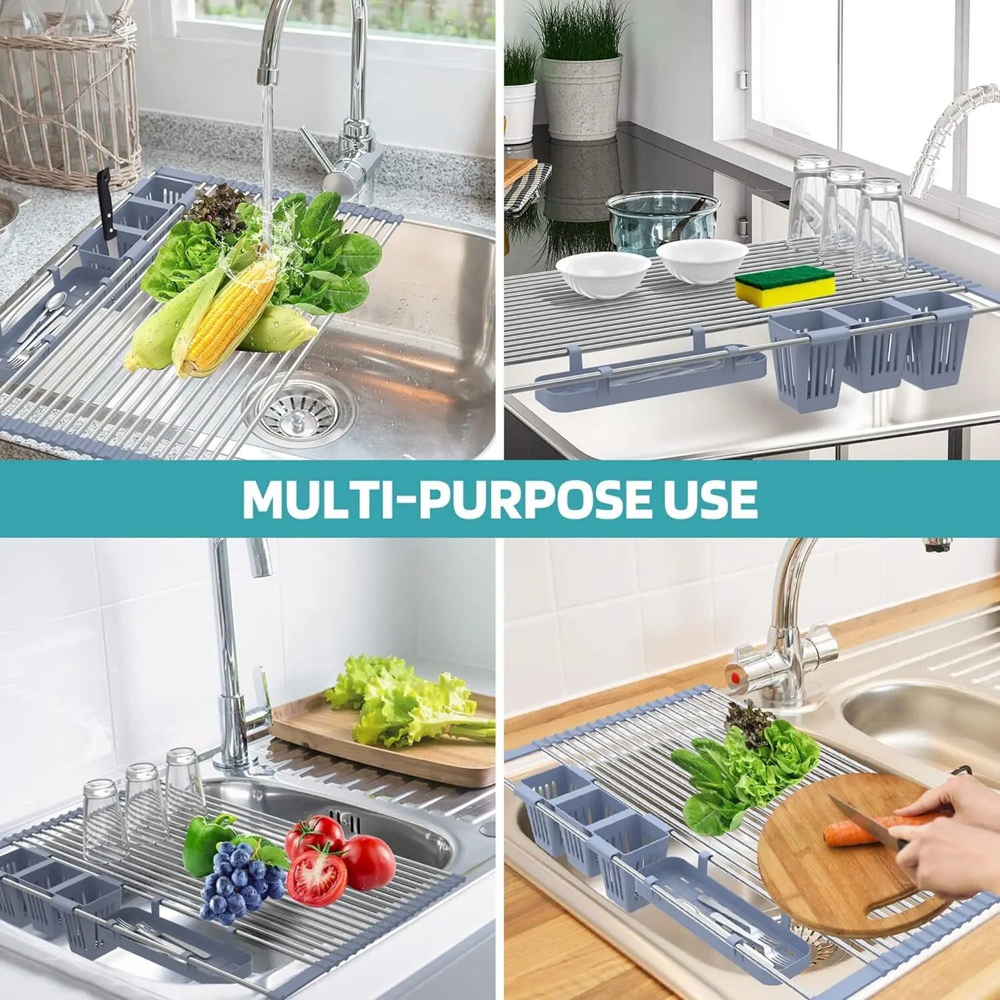 Large Drying Mat Foldable Stainless Steel Over The Sink Dish Roll Up Rack