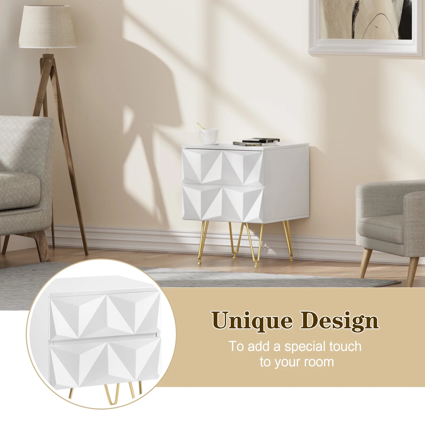 Bedside Table 40x53x40cm Decorative Adult Nightstand Modern Storage Unit with 2 Drawers 3D Effect for Bed Bedroom Living Room