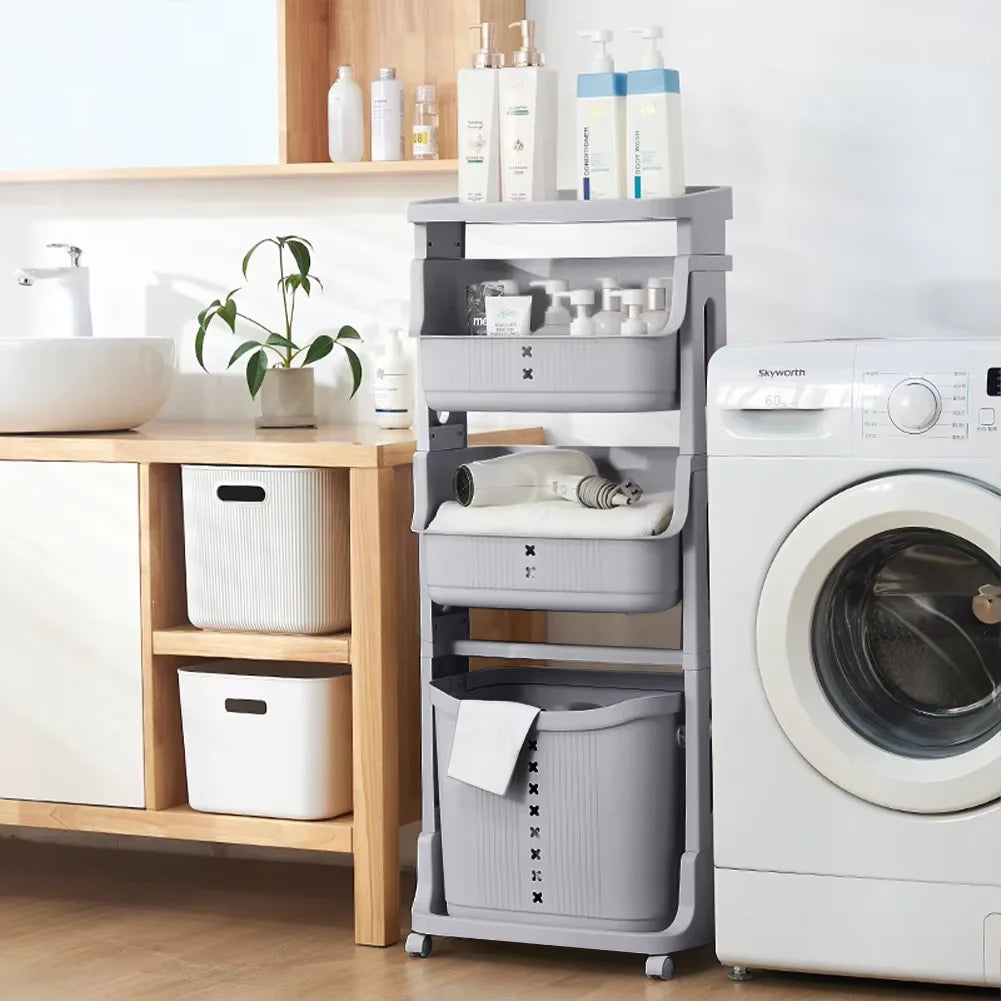 Grey 4 Tier Storage Rack Laundry Basket with Wheels