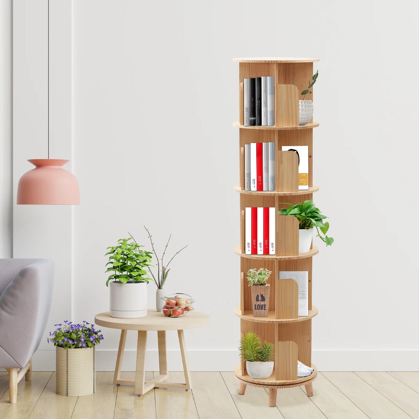 1/2/3/4/5/6 Tier Wooden Bookcase Rotatable Floor Stand Multifunctional Showcase Organizer