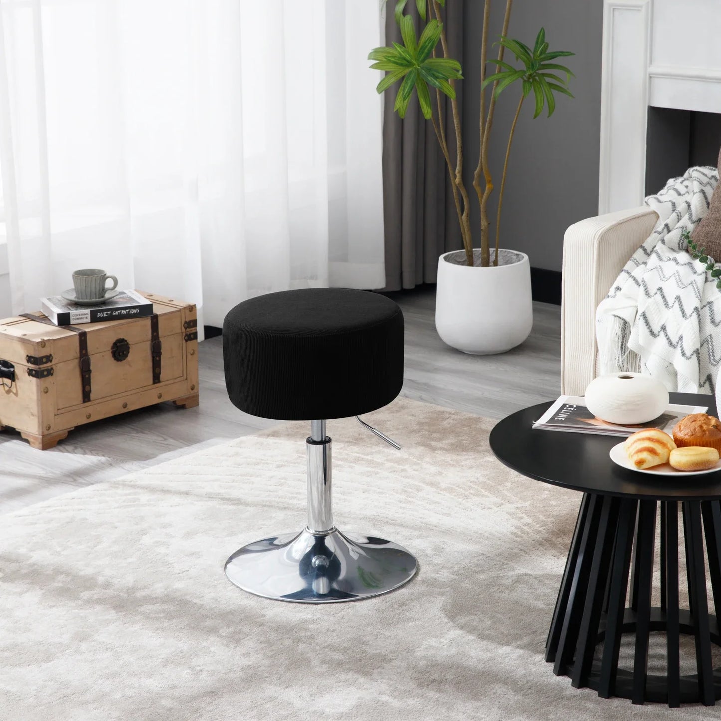 1PC White Round Swivel Bar Stools Height-Adjustable Makeup Stools Corduroy Padded Stools for Office Kitchen Home
