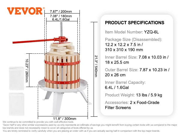 VEVOR Fruit Wine Press 6L/18L/12L Solid Wood Basket  6 or 8 Blocks Manual Juice Maker with Pole Handle Bar for Kitchen and Home