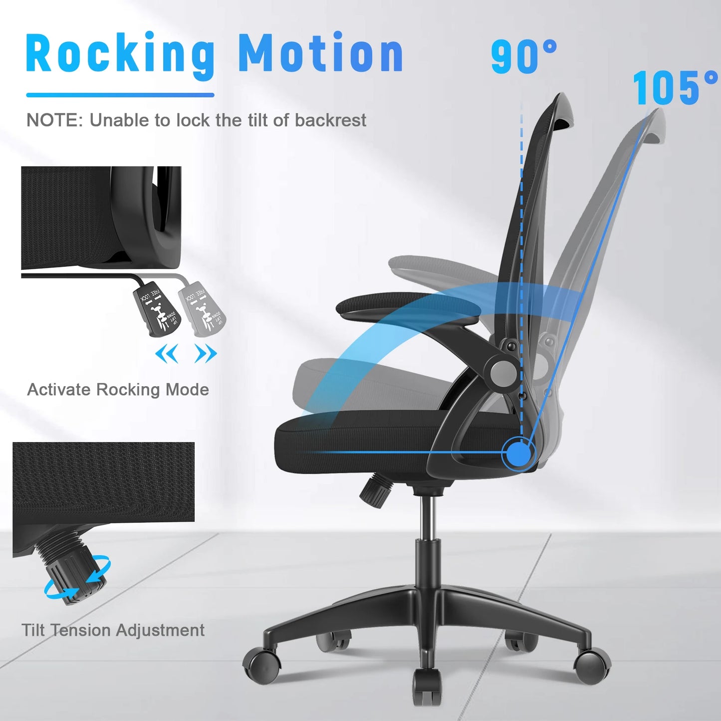 Ergonomic Office Chair with Slide Seat 90° Flip-up Armrest Adjustable Lumbar Support Angle Height Adjustable Home Office Chair