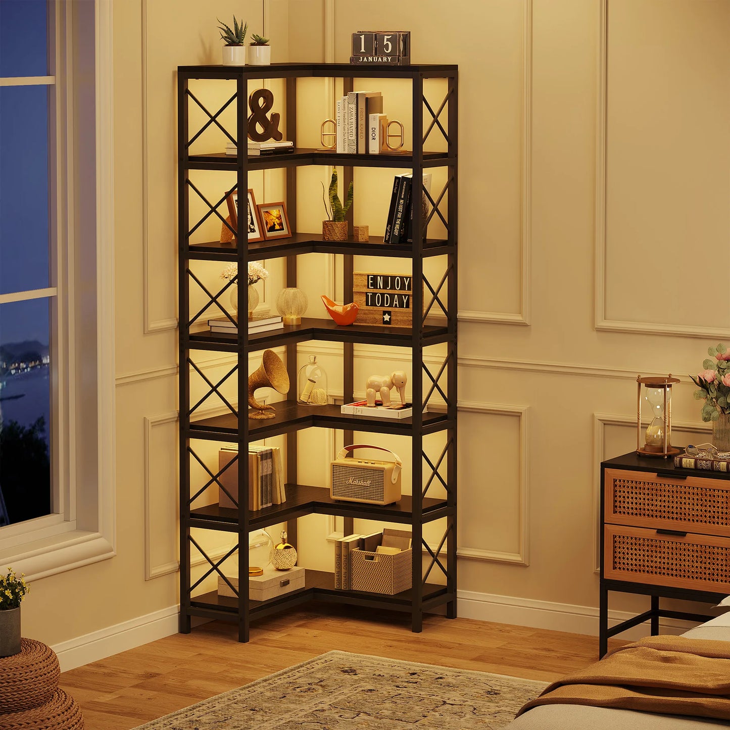 Tribesigns 7-Shelf Corner Bookshelf,Large Modern Corner Bookcase, 7-Tier Tall Corner Shelf Storage Display Rack with Metal Frame