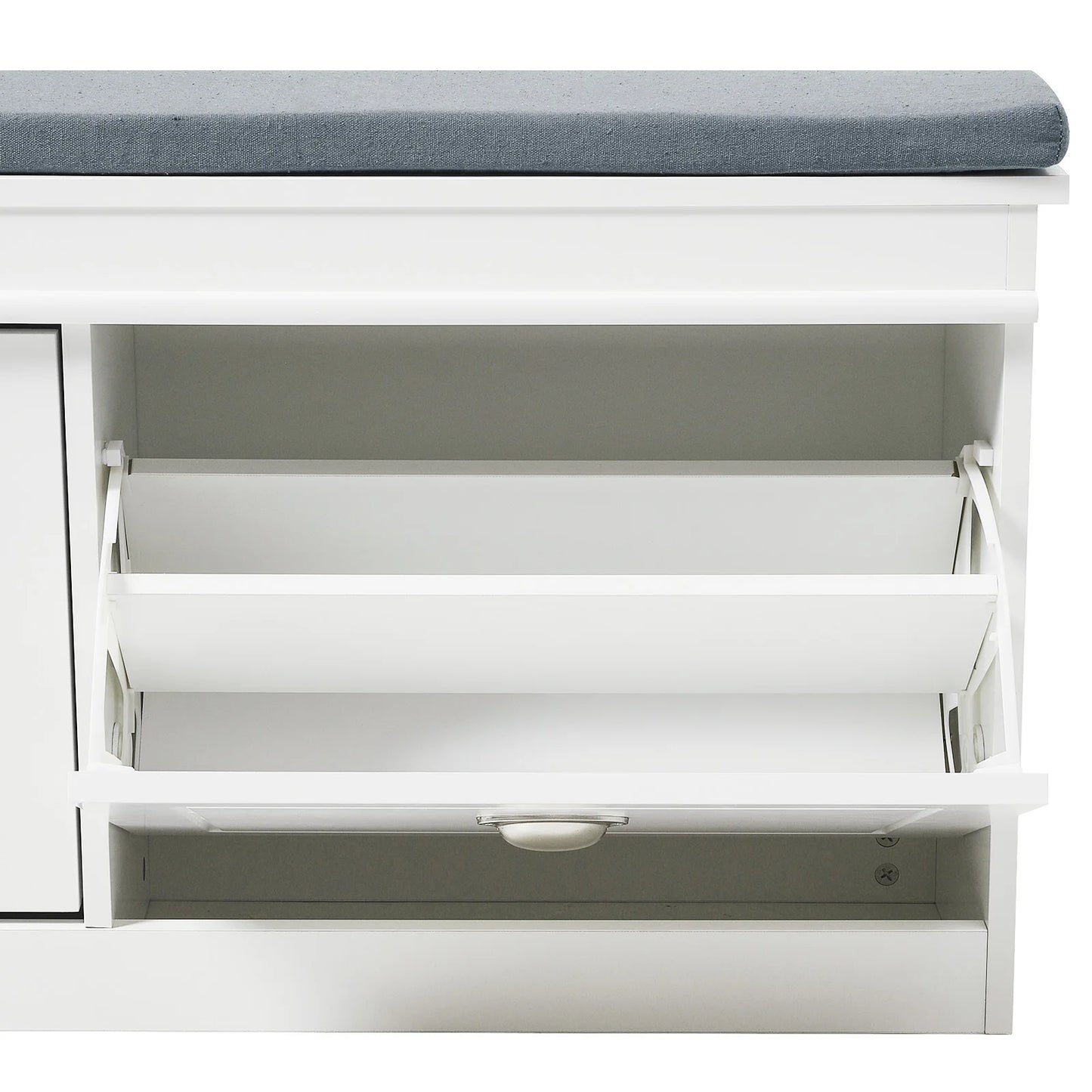 White 2 Drawer Flip Down Wooden Shoe Bench Cabinet Flip Down Design with Soft Cushions