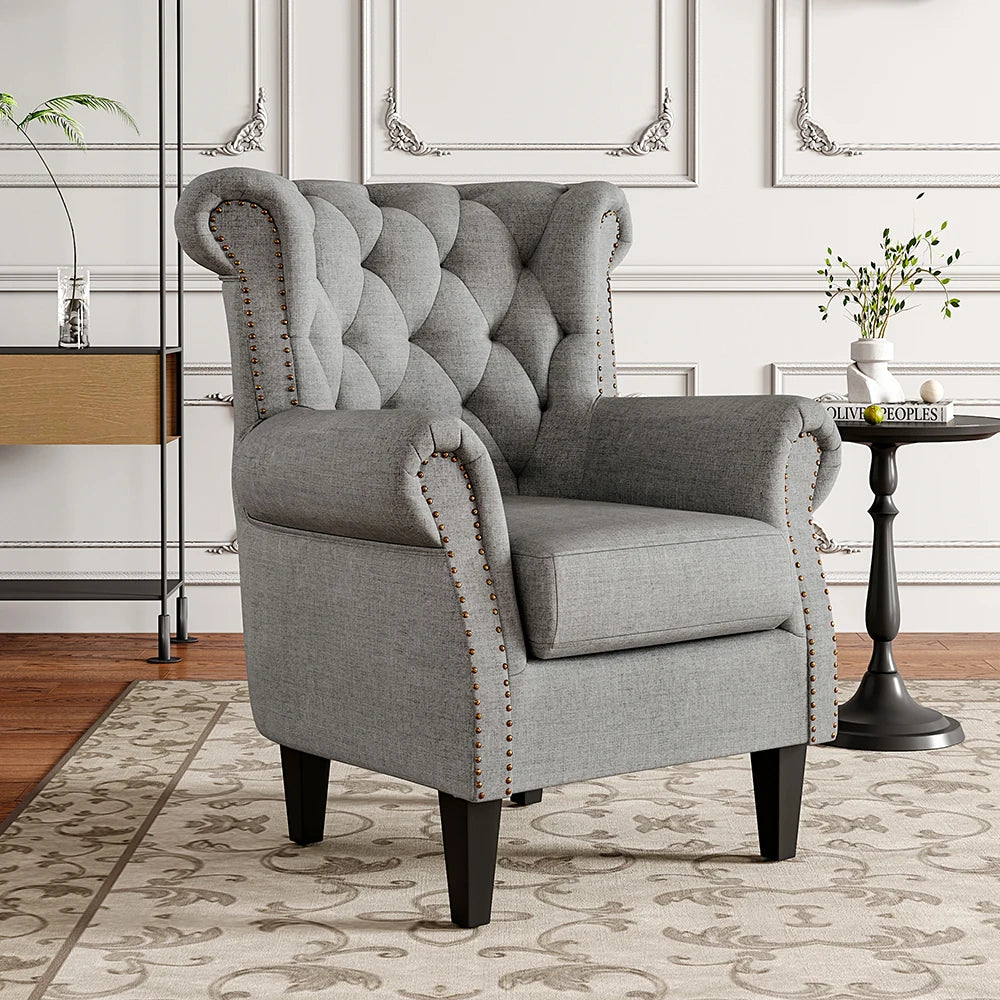 Dark Grey Linen Chesterfield Thick Cushion Armchair Living Room Furniture Lounge Chair