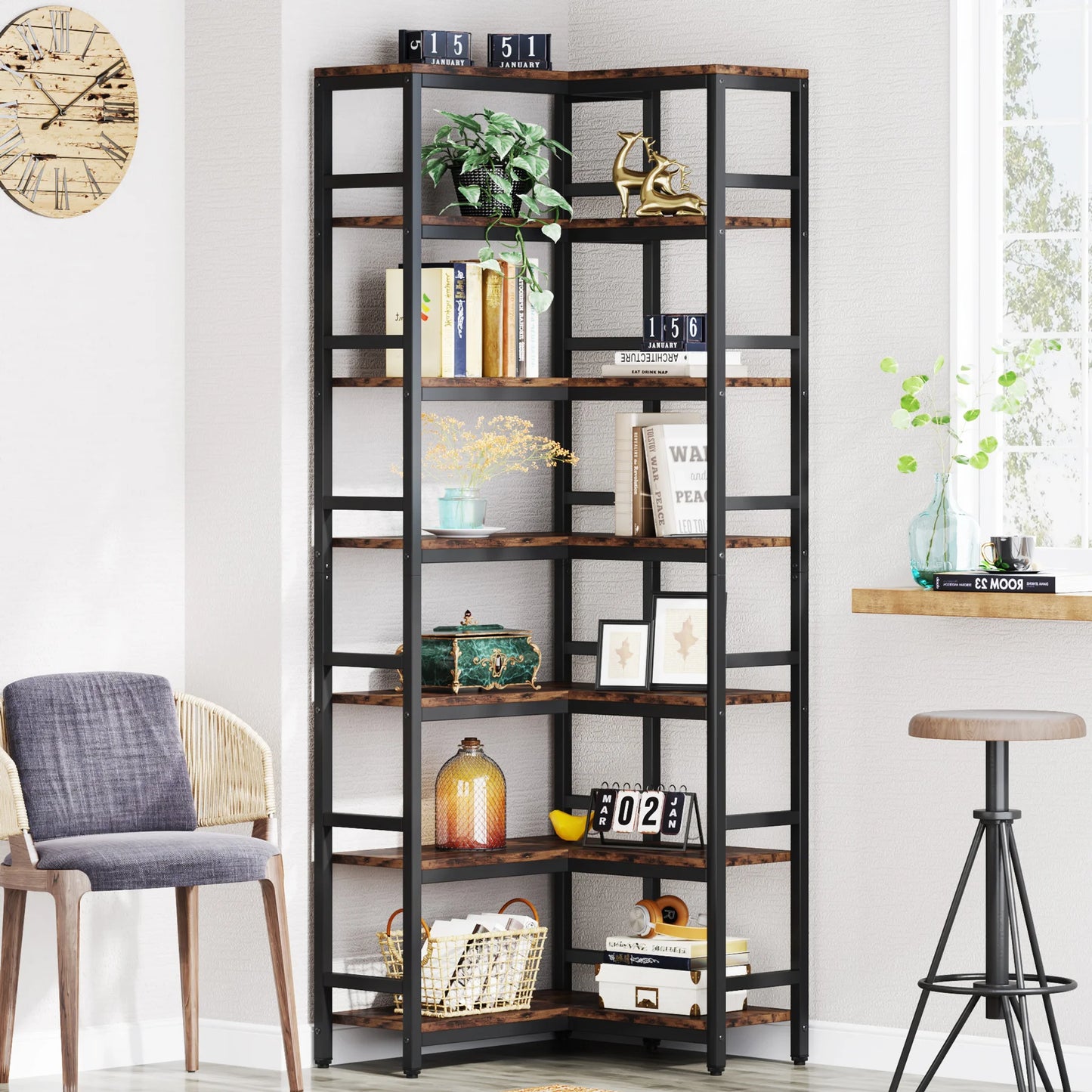 Tribesigns 7-Shelf Corner Bookshelf,Large Modern Corner Bookcase, 7-Tier Tall Corner Shelf Storage Display Rack with Metal Frame