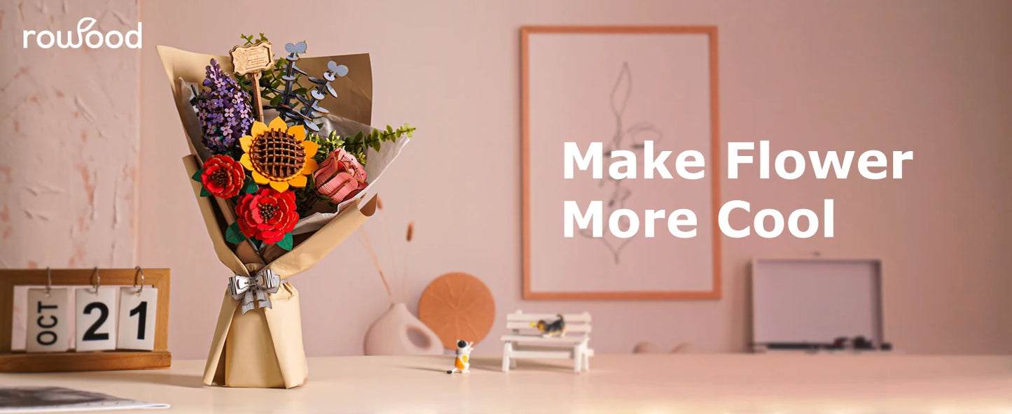 Robotime Rowood Wooden Flower Bouquet 3D Wooden Puzzle Wood Crafts Kits for Adults Home Decor