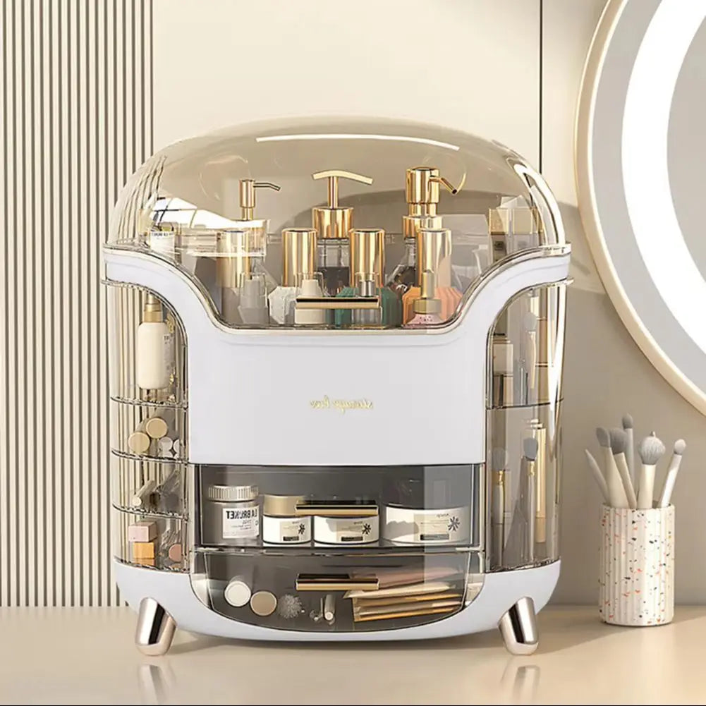 Stylish Makeup Storage Box 28x20x34cm Large Capacity Organizer with Drawers Lipstick Holders Rotating Brush Compartments,White