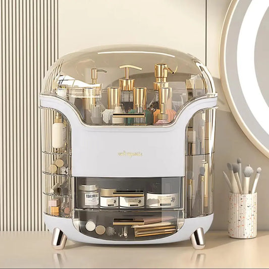 Stylish Makeup Storage Box 28x20x34cm Large Capacity Organizer with Drawers Lipstick Holders Rotating Brush Compartments,White