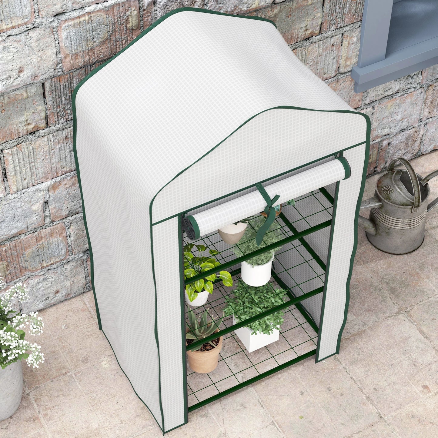 3 Tier Mini Greenhouse with Reinforced PE Cover, Outdoor Greenhouse, White