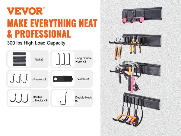 VEVOR Garage Tool Organizer Wall Mount Yard Garden Heavy Duty Storage Rack with Adjustable Hooks Rails for Shovels Trimmers Hose