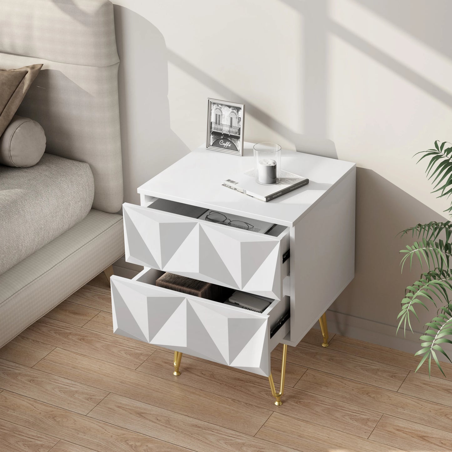 Bedside Table 40x53x40cm Decorative Adult Nightstand Modern Storage Unit with 2 Drawers 3D Effect for Bed Bedroom Living Room