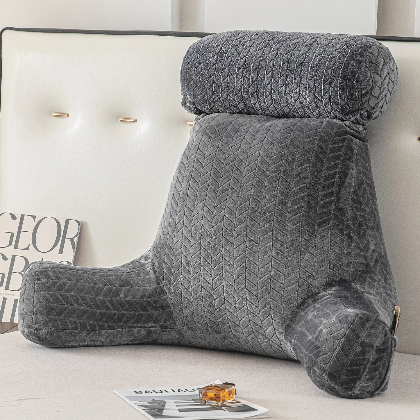 XXL Adult Reading Pillow Back Pillow for Sitting in Bed Backrest Lounge Cushion with Arms Pockets Back Support Bed Rest Pillow