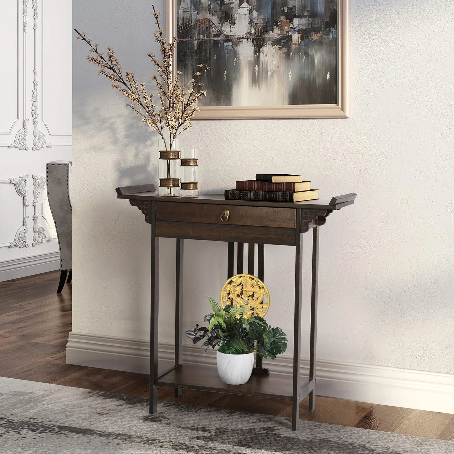 Console Table Chinese Entryway Sofa Side Table Skinny Hallway Table Sofa Table Furniture Rustic Brown with Drawer＆Shelf