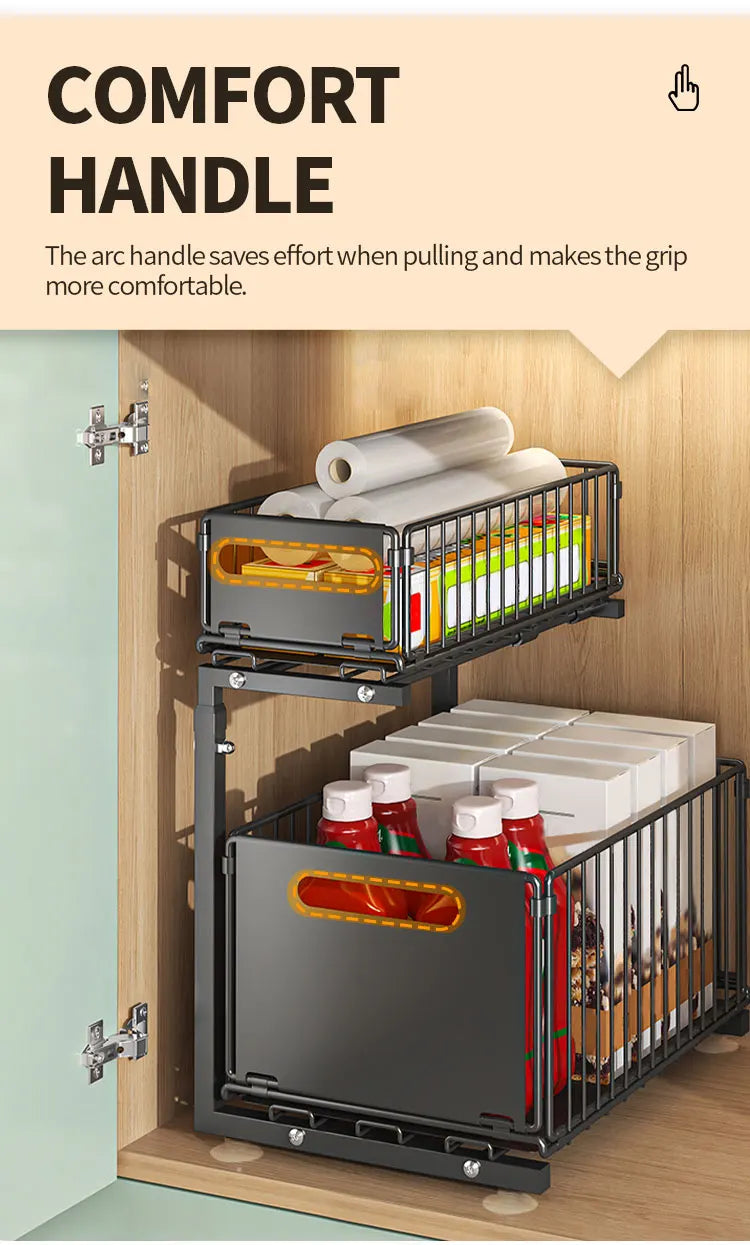 2-tier Under Sink Storage Organizer,Ajustable Sliding Cabinet Storage Basket,Kitchen Storage Rack with suction cups,Pull out Cab